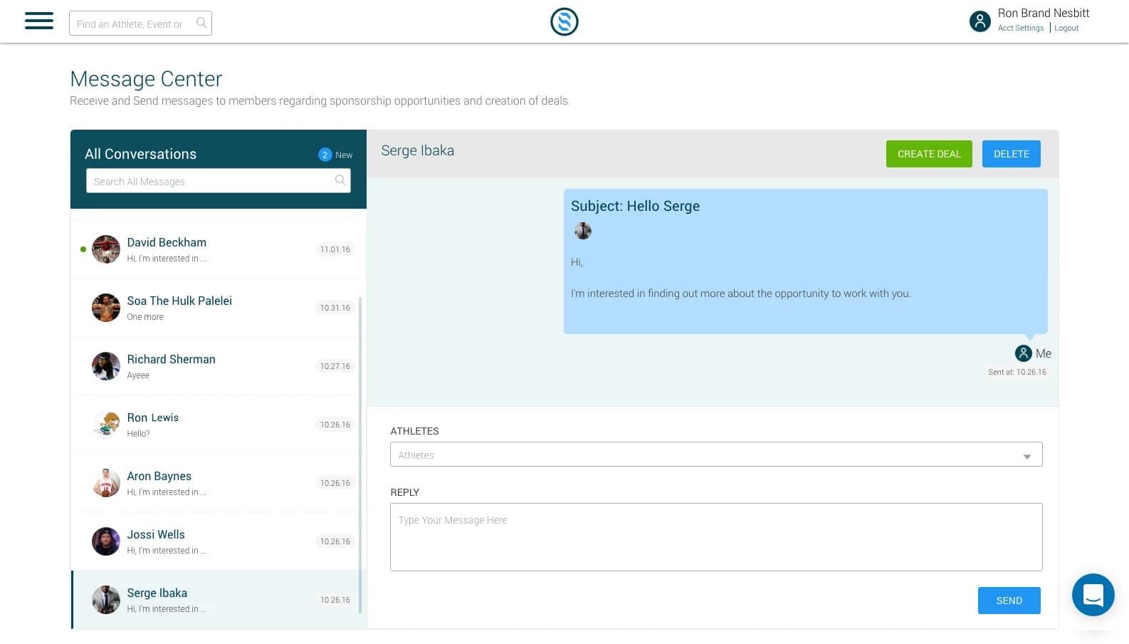 Built-in messaging interface for athlete and brand communication