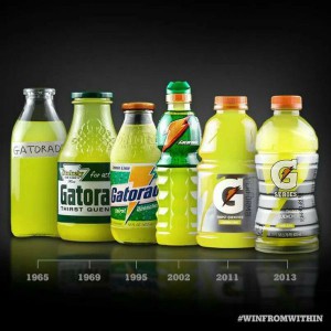 Gatorade has evolved throughout the years from a basic glass bottle to its current packaging 