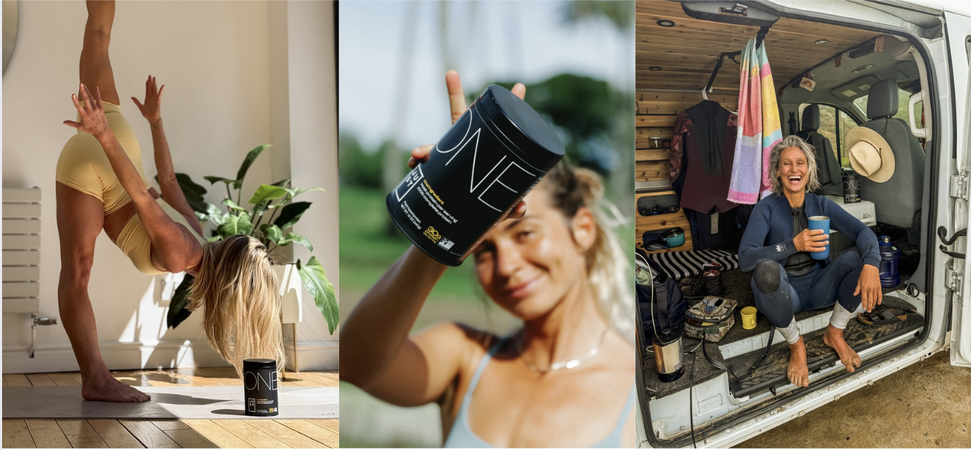 Just Protein product launch campaign Instagram collage featuring surfer and yoga creators