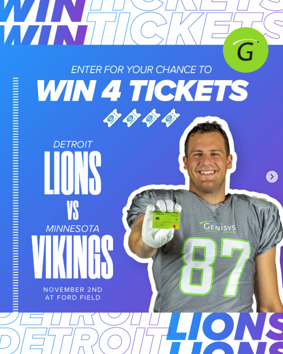 Sam LaPorta in a Genisys 87 jersey holding a Genisys Credit Union card for a Lions vs Vikings ticket giveaway